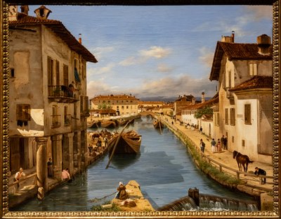Vista do Canal Naviglio da ponte de São Marcos, c.1850 (óleo sobre tela) de Giuseppe Canella