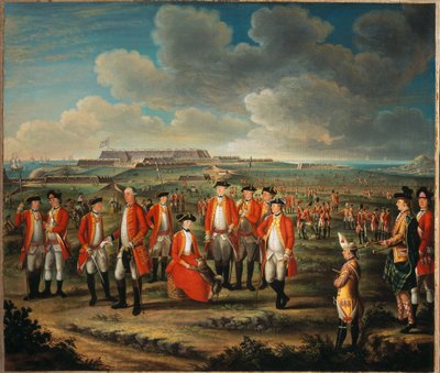 Lady Louisa Lennox com o regimento do marido, 25º Regimento do Pé, com o Lorde George Lennox ao seu lado e Fort St Philip, Porto Mahon, ao fundo, c.1771 de Giuseppe Chiesa