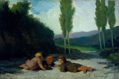 Crianças a brincar na margem de um rio (óleo sobre tela) de Giuseppe Ciaranfi