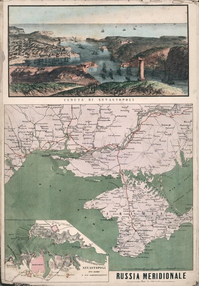 Mapa do sul da Rússia com vista da Baía de Sebastopol e suas fortificações, 1853. de Giuseppe Civelli
