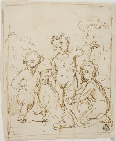 Três Putti e um cão numa paisagem de Giuseppe Diamantini