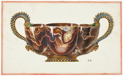 Bacia com pegas esmaltadas, decorada com cabeças de dragão e carneiro de Giuseppe Grisoni