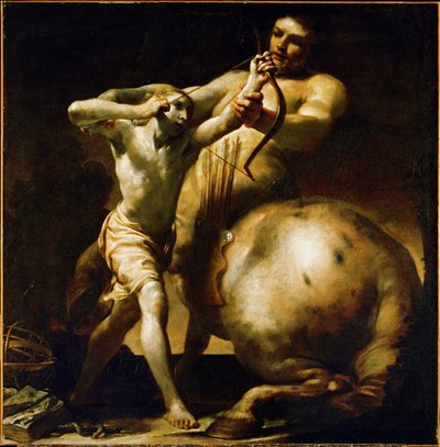 O centauro Quíron ensina o jovem Achill a praticar tiro com arco ... (óleo sobre tela) de Giuseppe Maria (1665 1747) Crespi