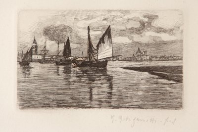 Barcos na Lagoa (gravura em papel branco) de Giuseppe Miti Zanetti