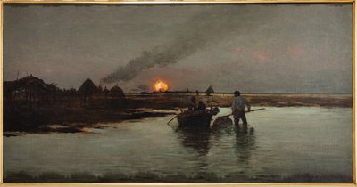 Pesca ao pôr do sol (óleo sobre tela) de Giuseppe Miti Zanetti