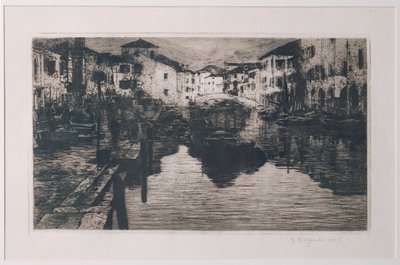 O Canal do Mercado de Peixes em Chioggia (gravura em papel branco) de Giuseppe Miti Zanetti