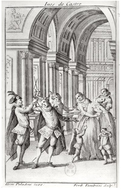 Ilustração do frontispício de &39;Ines de Castro&39; de Antoine Houdar de La Motte (1672-1731) gravada por Ferdinando Fambrini de Giuseppe Paladini