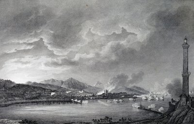 Génova sendo bombardeada pela frota inglesa, 25 de Maio de 1800, gravura em aço de desenho de Giuseppe Pietro Bagetti (1764-1831), Paris de Giuseppe Pietro Bagetti