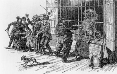 Tartarin e a jaula do leão, ilustração para Tartarin nos Alpes por Alphonse Daudet Milan de Giuseppe Porcheddu