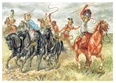 Grécia antiga: Soldados de cavalaria gregos e tanque - Grécia antiga: soldados gregos e tanque - Ilustração de Giuseppe Rava de Giuseppe Rava
