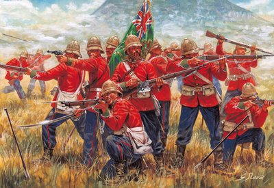Guerra Anglo-Zulu: soldados do Império Britânico na Batalha de Isandhlwana (Isandlwana ou Isandula) na África do Sul, 22/01/1879 - Guerra Anglo-Zulu: soldados do Império Britânico, Batalha de Isandlwana em 22 de janeiro de 1879 - Ilustração de Giuseppe Rav de Giuseppe Rava