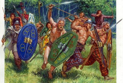Antiguidade: a carga dos guerreiros gauleses, à esquerda num ponto - Guerreiros gauleses em carga, um deles à esquerda usa uma cota de malha - Ilustração de Giuseppe Rava de Giuseppe Rava