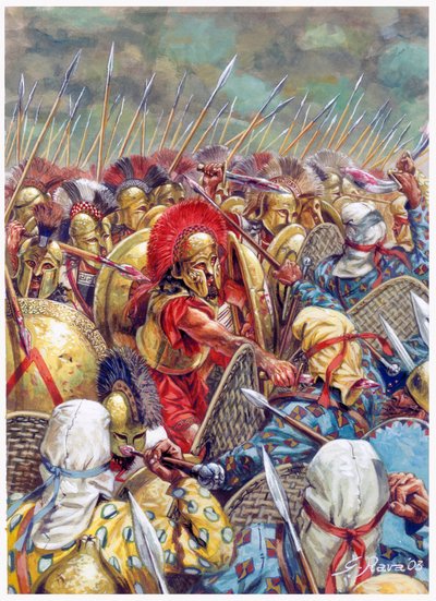 Batalha das Termópilas: O exército espartano comandado por Leónidas I lutando ao lado dos gregos contra os persas em 480 a.C. (Guerras Persas/Batalha das Termópilas 480 a.C. - (O rei espartano Leónidas e os seus homens caem na batalha) - Ilustração de Gius de Giuseppe Rava