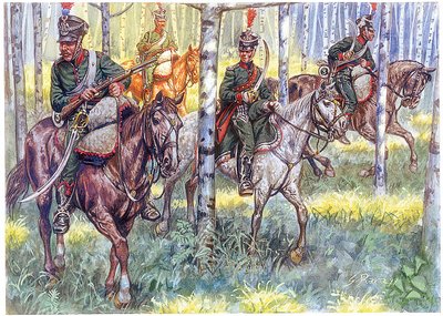 Primeiro Império: Caçadores a cavalo do Grande Exército de Napoleão I Patrulha - Ilustração de Giuseppe Rava de Giuseppe Rava
