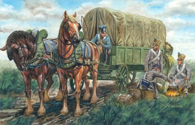 Primeiro Império: a carruagem que transportava os alimentos do regimento francês - Primeiro Império: Carruagem francesa para o transporte de géneros alimentícios - Ilustração de Giuseppe Rava de Giuseppe Rava
