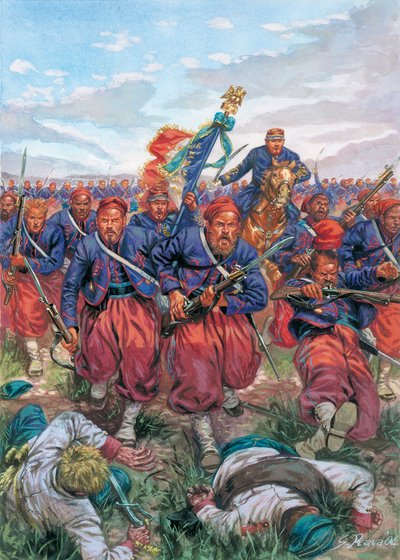 Campanha de Itália de 1859 (Segunda Guerra de Independência Italiana): a carga dos Zouaves da Armada Francesa de Napoleão III durante a Batalha de Solferino em 24/06/1859 - Segunda Guerra de Independência Italiana (Guerra Franco-Austríaca, Guerra Austro-Sa de Giuseppe Rava