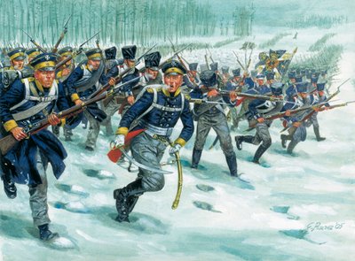 Landwehr (ou Landeswehr) da infantaria prussiana na neve de Giuseppe Rava