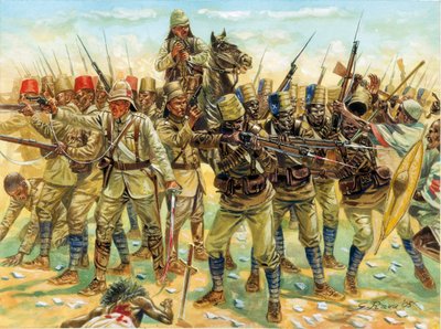 Guerra do Mahdist (Guerra do Sudão) (1881-1899): forças em presença na Batalha de Omdurman (à direita os dervixes sudaneses e à esquerda o exército anglo-egípcio) em 2/09/1898 - Guerra do Mahdist (ou Revolta do Mahdist): Batalha de Omdurman (2 de setembro  de Giuseppe Rava