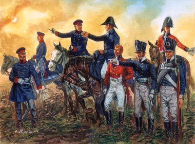 Guerra Napoleónica: Arthur Wellesley, Duque de Wellington (1769-1852) comandando as tropas britânicas e Gebhard Leberecht von Blucher (1742-1819) comandando o exército prussiano na Batalha de Waterloo 18/06/1815 - (Guerras Napoleónicas: comandantes Duque d de Giuseppe Rava