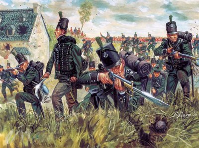 Guerra napoleónica: fuzileiros britânicos do 95º Regimento de Fuzileiros defendem uma pedreira de areia na Batalha de Waterloo 18/06/1815 - (Napoleonic wars: british riflemen defending a sand quarry during the battle of Waterloo on 18th June 1815) Ilustraç de Giuseppe Rava