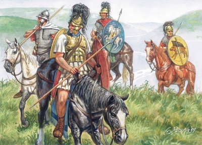 Antiguidade romana (República): um grupo de cavaleiros romanos - República romana: cavalaria romana - Ilustração de Giuseppe Rava de Giuseppe Rava