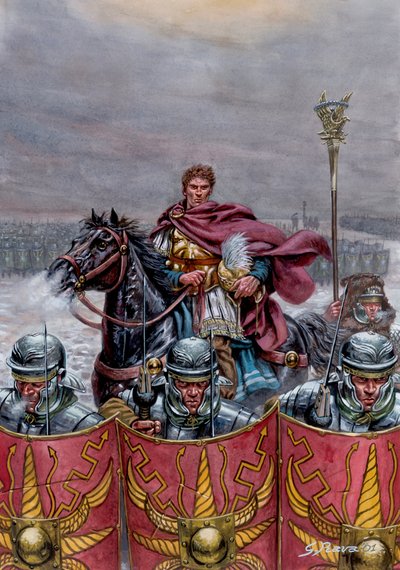 Antiguidade romana: Exército romano perto da muralha de Adriano na Escócia, século II d.C. - Ilustração de Giuseppe Rava de Giuseppe Rava
