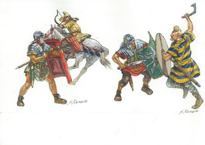 Legionários romanos em luta com um arqueiro montado na Pártia e um guerreiro franco de Giuseppe Rava