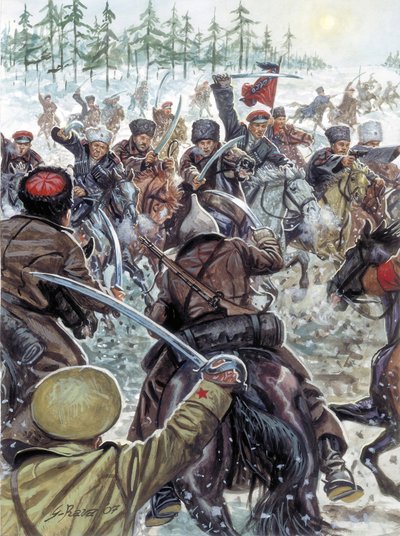 Guerra civil russa (1917-1923): Soldados do Cáucaso ao lado dos exércitos brancos em 1919 - Guerra civil russa: os cossacos lutam contra o exército russo branco em 1919 - Ilustração de Giuseppe Rava de Giuseppe Rava
