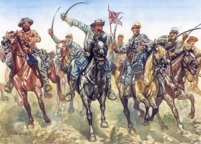 Guerra da Secessão (1861-1865) - Guerra civil americana: a cavalaria confederada a atacar - Ilustração de Giuseppe Rava de Giuseppe Rava