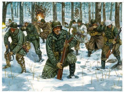 Segunda Guerra Mundial: ofensiva da infantaria americana na Batalha das Ardenas em Bastogne, dezembro de 1944 - Segunda Guerra Mundial: ofensiva americana durante a Batalha do Bulge, dezembro de 1944 - Ilustração de Giuseppe Rava de Giuseppe Rava