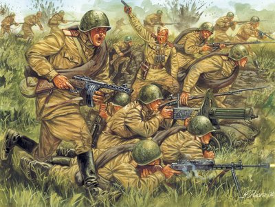 Segunda Guerra Mundial: assalto da infantaria russa em uniforme ligeiro - Segunda Guerra Mundial: soldados russos em uniforme de verão - Ilustração de Giuseppe Rava de Giuseppe Rava