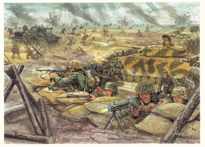 Segunda Guerra Mundial: Batalha de Kursk em 1943 entre as forças alemãs e soviéticas - WWII: Batalha de Kursk entre as forças alemãs e soviéticas em 1943 - Ilustração de Giuseppe Rava de Giuseppe Rava