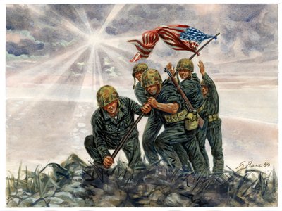 Segunda Guerra Mundial, Guerra do Pacífico: Batalha de Iwo Jima, vitória dos marines americanos em fevereiro de 1945 - WWII, Pacific war: Batalha de Iwo Jima (Operação Destacamento), os fuzileiros navais americanos erguem a bandeira americana, fevereiro de de Giuseppe Rava
