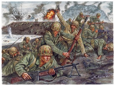 Segunda Guerra Mundial, Guerra do Pacífico: desembarque em 19/02/1945 do corpo anfíbio dos fuzileiros navais durante a Batalha de Iwo Jima no Japão - WWII, Pacific war: Batalha de Iwo Jima (Operação Destacamento), desembarque anfíbio de fuzileiros navais a de Giuseppe Rava