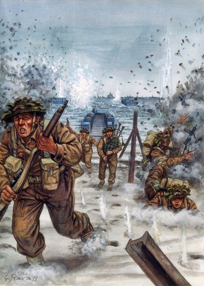 Segunda Guerra Mundial: Soldados escoceses durante o desembarque na Normandia, 6/06/1944 - Segunda Guerra Mundial, Dia D: Soldados escoceses no dia do desembarque na Normandia, 6 de junho de 1944 - Ilustração de Giuseppe Rava de Giuseppe Rava