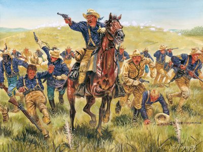 Guerra Hispano-Americana ou Guerra da Independência de Cuba (1868-1898) entre a Espanha e a América do Norte: retrato do soldado e político americano Theodore Roosevelt (1858-1919) em carga com os Rough riders em Cuba - Guerra Hispano-Americana (Guerra da  de Giuseppe Rava
