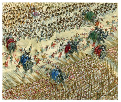Batalha de Hydaspes Alexandre e Porus em 327 a.C. - Alexandre, o Grande, continua a sua conquista do Vale do Indo - Alexandre, o Grande, contra o rei Porus durante a Batalha de Hydaspes - Ilustração de Giuseppe Rava de Giuseppe Rava