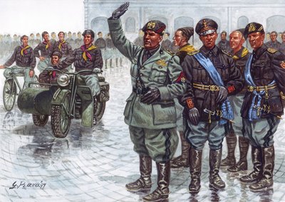 O Duce Benito Mussolini (1883-1945), acompanhado pelos seus Camisas Negras (Camicie nere), fazendo a saudação fascista durante uma parada militar - Benito Mussolini e os Camisas Negras durante uma parada militar - Ilustração de Giuseppe Rava de Giuseppe Rava