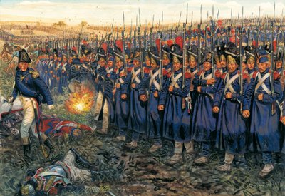 Ataque da Guarda Média contra o centro de Wellington na batalha de Waterloo, a 18 de junho de 1815 "A Guarda Imperial de Napoleão I (1769-1821) marchando sobre as tropas do Duque de Wellington na batalha de Waterloo de Giuseppe Rava