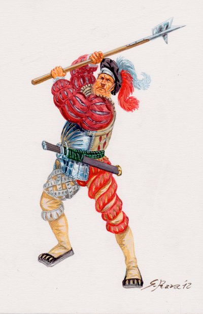 Un Lansquenet, piqueiros mercenários alemães - um Landsknecht, piqueiros mercenários alemães - Ilustração de Giuseppe Rava de Giuseppe Rava
