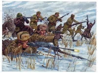 Segunda Guerra Mundial: Soldados de infantaria russos avançam no campo de batalha - Segunda Guerra Mundial: soldados de infantaria russos avançam no campo de batalha - Ilustração de Giuseppe Rava de Giuseppe Rava