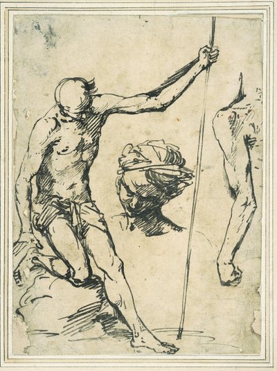 Estudos de figuras: homem segurando um poste, cabeça de homem com turbante e braço esquerdo visto por trás de Giuseppe Ribera