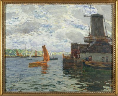 Moinho de vento em Dordrecht (óleo no cartão) de Giuseppe Sacheri