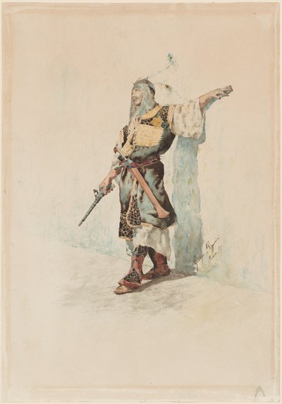 Um soldado mouro diante de uma parede iluminada pelo sol de Giuseppe Signorini