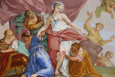 Representações do mito de Diana, de Domenico e Giuseppe Valeriani, fresco, teto abobadado do quarto, apartamento do rei, residência de caça, de Filippo Juvarra (1678-1736), Stupinigi, Piemonte, Itália de Giuseppe and Valeriani Domenico Valeriani