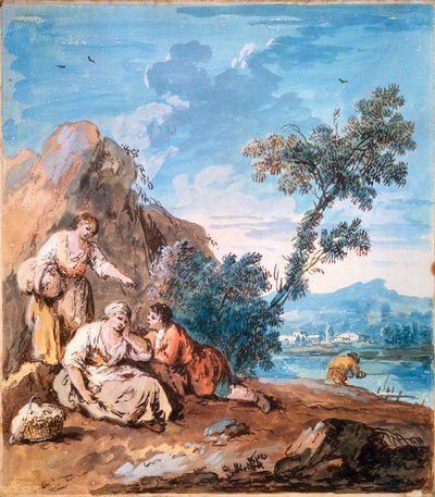 Três camponeses descansando em um banco de rio, c1750. de Giuseppe Zais