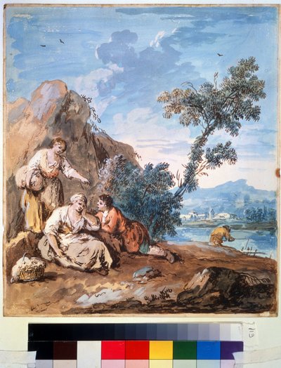 Três camponeses descansando na margem de um rio. Pintura de Giuseppe Zais (1709-1784). Aguarela sobre papel, 29,5 x 26,2 cm, por volta de 1750. Escola veneziana, pintura italiana do séc. XVIII. Museu de Belas Artes Pushkin, de Giuseppe Zais