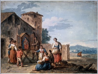 Um grupo de camponeses diante do tabernáculo com a estátua de Madonna em pé. Desenho de Giuseppe Zais (1709-1784). Têmpera e sépia sobre papel, 30,2 x 38 cm, cerca de 1750. Escola Veneziana de de Giuseppe Zais