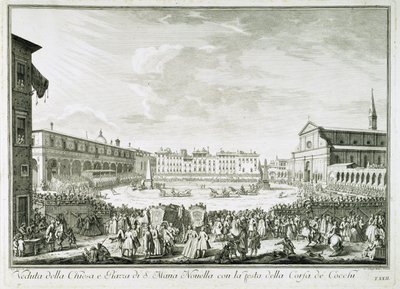 A festa de Corsa dei Cocchi na Piazza Santa Maria Novella. A festa de Corsa dei Cocchi na praça da Igreja de Santa Maria Novella em Florença. Desenho de Giuseppe Zocchi (1711-1767). Florença, Biblioteca Riccardiana. de Giuseppe Zocchi