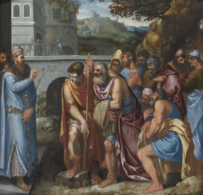 Joseph e seus irmãos par Salviati, Giuseppe (1520-1575). Óleo sobre madeira, tamanho : 62x62 de Giuseppe della Porta Salviati